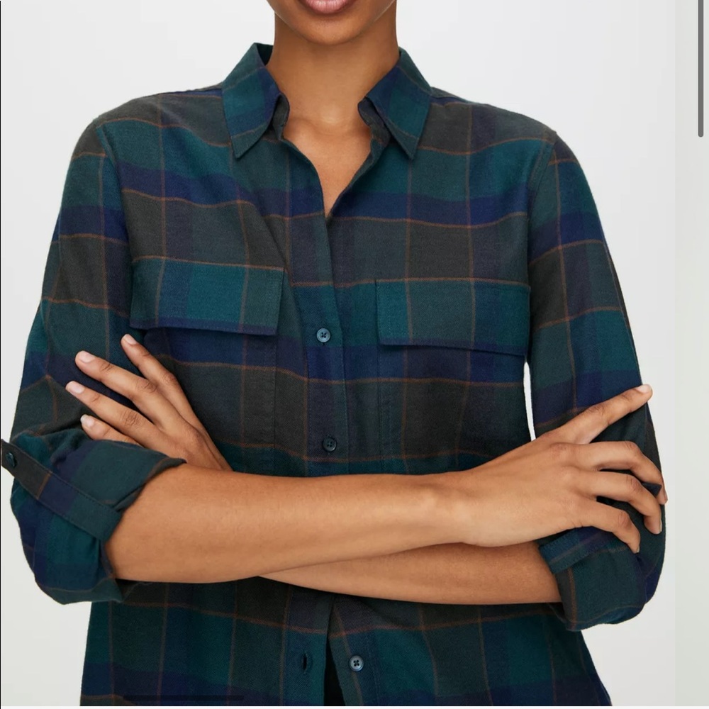 Babaton navy plaid utility button up scarab lyocell Blue dark green NWT XS